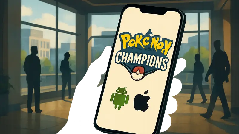 Логотип Pokémon Champions на экране смартфона с иконками Android и iOS.