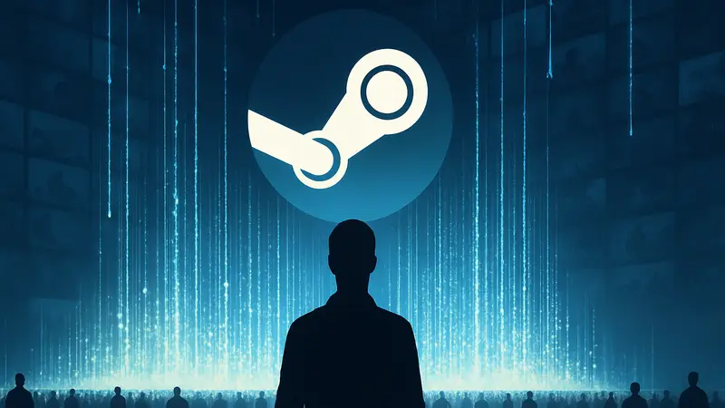 Логотип Steam на фоне игровых загрузок, символизирующий огромные объемы данных.