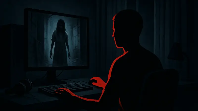 Иллюстрация хоррор-игры в тёмной комнате, экран компьютера, пугающая атмосфера