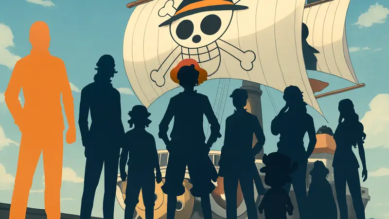 Луффи и пираты Соломенной Шляпы в One Piece, на фоне корабля. Новый командир.