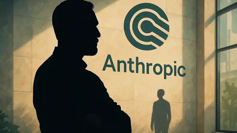 Дарио Амодей, генеральный директор Anthropic, на фоне логотипа компании