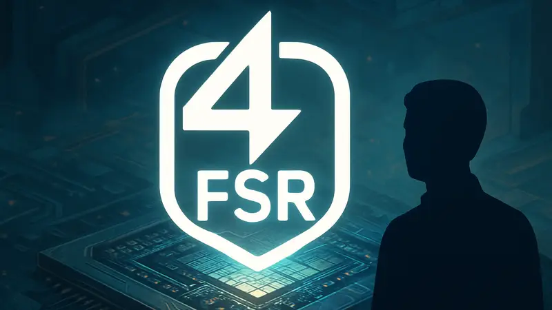 Логотип FSR 4 на фоне графического процессора, символизирующий апскейлинг Vulkan игр через OptiScaler.