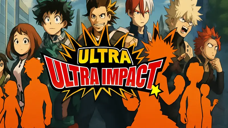 Логотип My Hero Ultra Impact на фоне персонажей My Hero Academia.