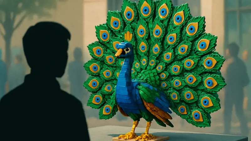 Изображение самодельной модели LEGO павлина MOC, сделанной фанатом, с впечатляющей детализацией перьев.