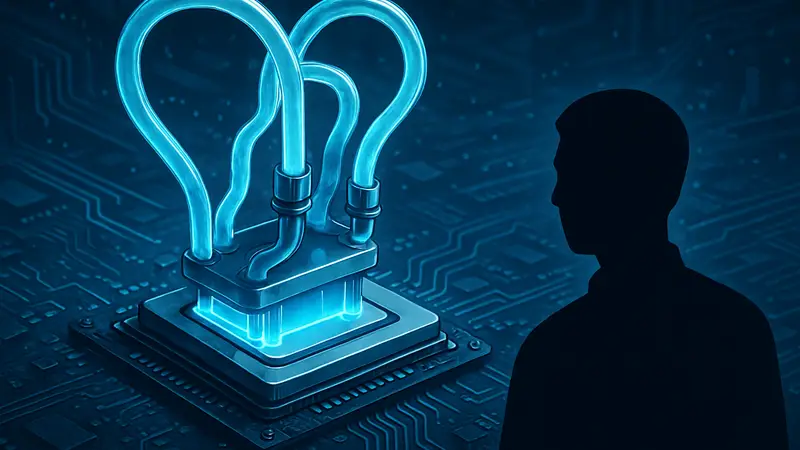 Футуристическое изображение чипа с системой жидкостного охлаждения, символизирующее технологию Frore.