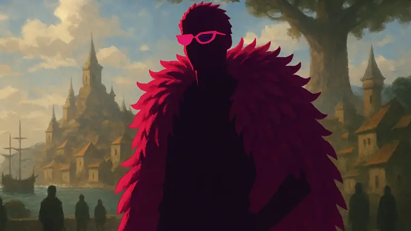 Дофламинго из One Piece в характерных розовых очках и перьевой накидке.