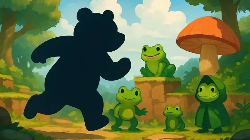 Игровой процесс Bonnie Bear Saves Frogtime с медведем Бонни и лягушачьими персонажами на фоне яркой графики.