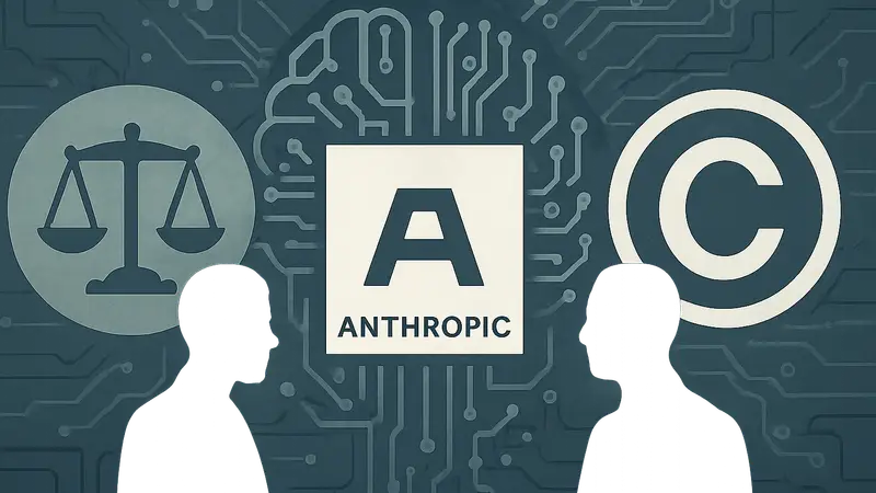 Логотип Anthropic на фоне символики искусственного интеллекта и авторского права, изображающий правовой спор