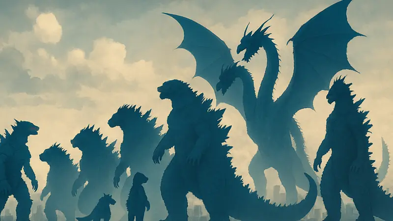 Изображение 10 самых больших кайдзю из франшизы Годзиллы, включая Кинга Гидору и Мехагодзиллу, сравнение размеров.