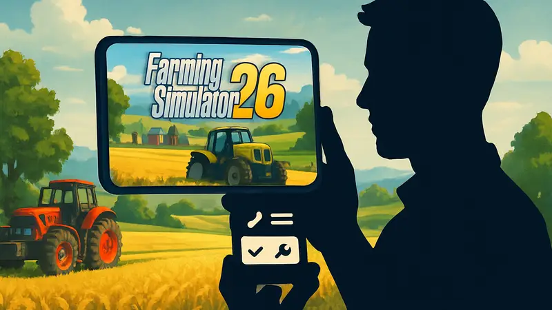 Логотип Farming Simulator 26 на мобильном устройстве, анонс даты выхода и функций