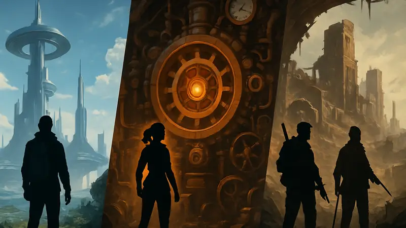 Коллаж из элементов RPG: футуристические пейзажи, стимпанк-механизмы, постапокалиптические руины, символизирующие будущие игры