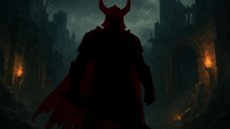 Игровой персонаж в образе злодея из видеоигры, темная атмосфера.