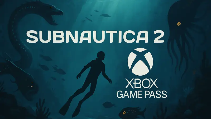 Логотип Subnautica 2 и значок Xbox Game Pass на фоне подводного пейзажа с глубоководными существами.