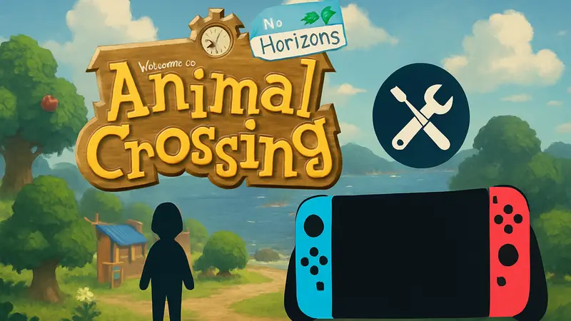 Логотип Animal Crossing: New Horizons с иконкой патча и символами Nintendo Switch и Switch 2.
