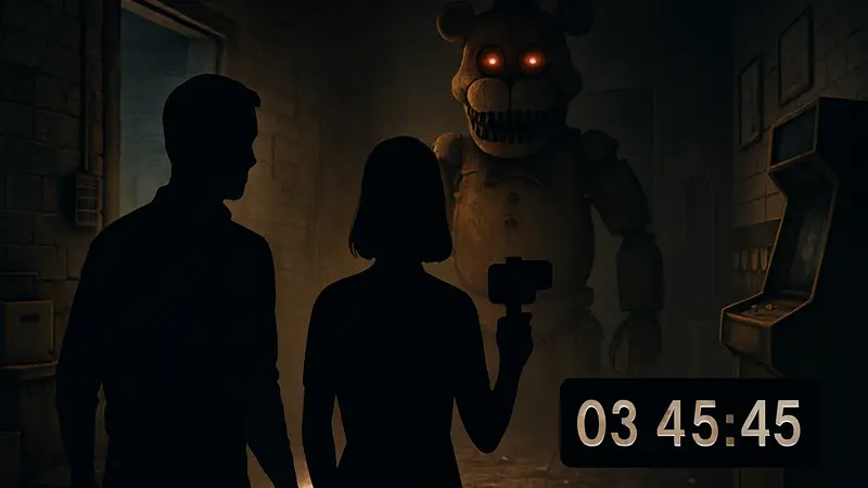 Скриншот или обложка бесплатной хоррор-игры в Steam, напоминающей Phasmophobia и Five Nights at Freddy's, с таймером акции.