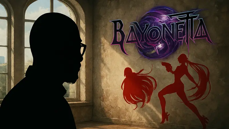 Хидеки Камия и логотип игры Bayonetta 3