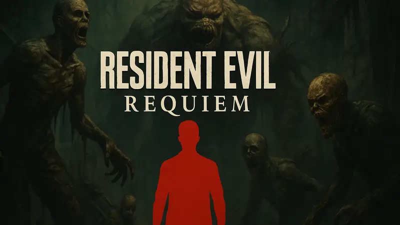 Логотип Resident Evil Requiem на фоне жутких монстров, подтверждающий рейтинг ESRB для взрослых игроков.