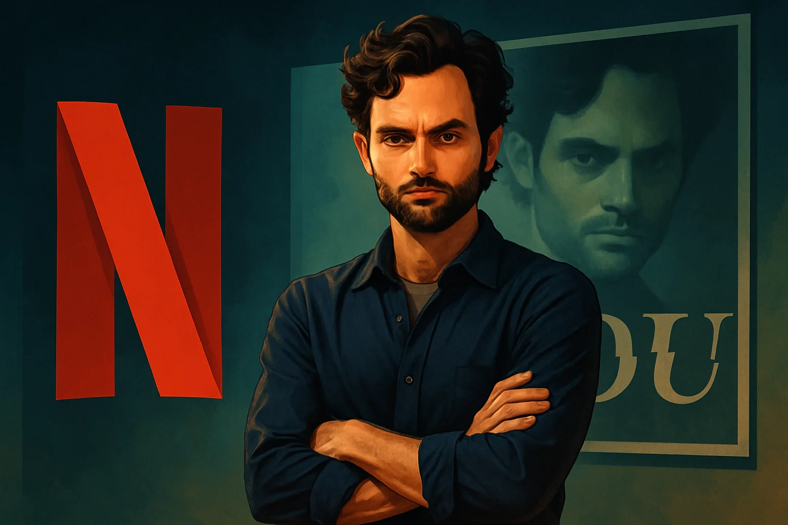 Джо Голдберг из сериала «Ты» в характерной позе, на фоне постера Netflix