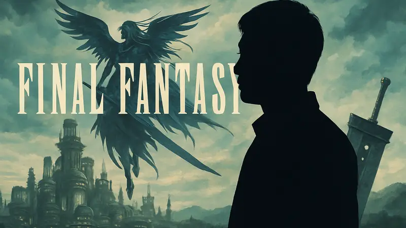 Наоки Хамагути, режиссёр Final Fantasy VII Remake, на фоне логотипа Final Fantasy.