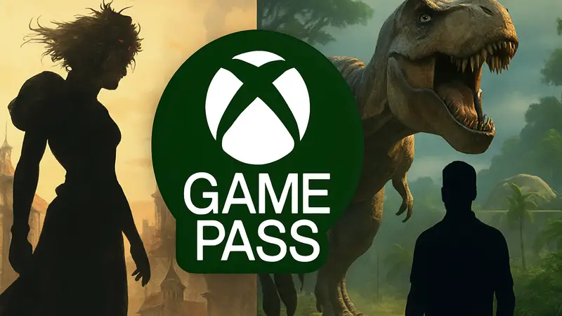 Логотип Xbox Game Pass на фоне обложек игр Final Fantasy VI и Jurassic World Evolution 3.