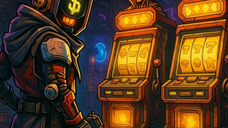 Скриншот Borderlands 4 с новым DLC-персонажем C4SH, стоящим у светящихся слот-машин в игровой локации.