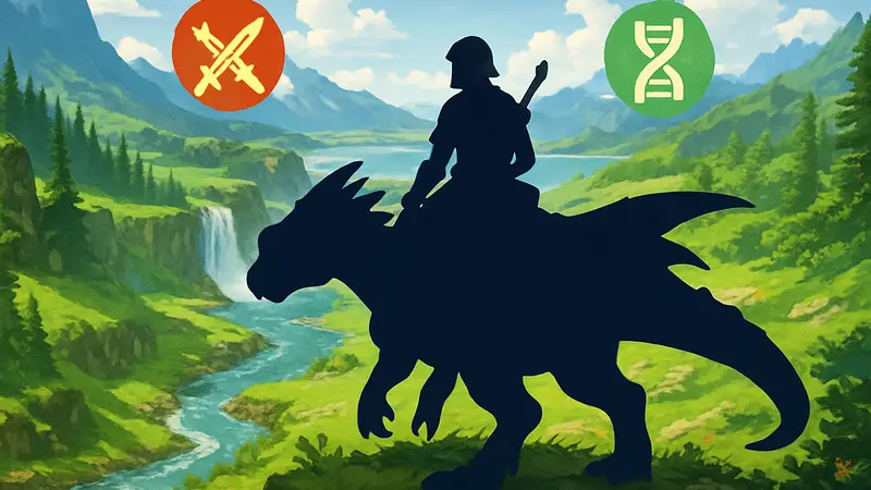 Главный герой Monster Hunter Stories 3 верхом на монстре, осматривающий красочный пейзаж. Иллюстрация боевых элементов и генов.