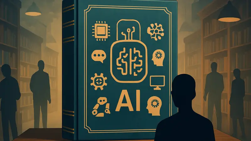 Книга с заголовком "Глоссарий AI" и иконками, символизирующими искусственный интеллект и технологии.