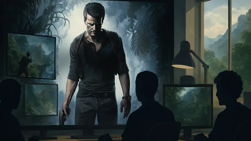 Логотип Uncharted 4: A Thief's End, кадры из игры, сотрудники Naughty Dog за работой над проектом.