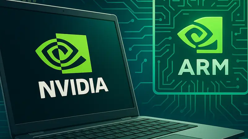 Изображение ноутбука с логотипом NVIDIA, символизирующее появление Arm-чипов в новых моделях и вызов конкурентам.