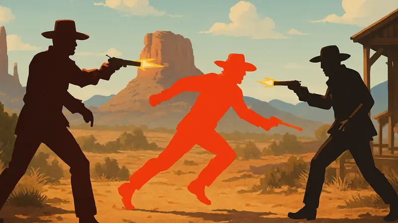 Персонажи Far Far West на фоне пейзажа Дикого Запада, демонстрирующие динамичную перестрелку.