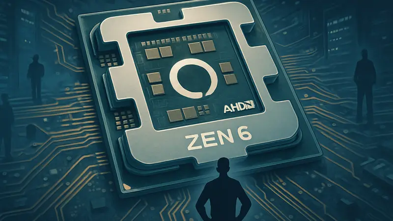 Изображение процессора AMD Zen 6 с акцентом на чиплетную архитектуру и логотип AMD.