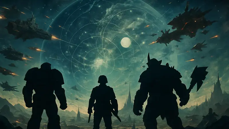 Карта вселенной Total War: Warhammer 40k с изображением космических сражений и фракций. Футуристический ландшафт.