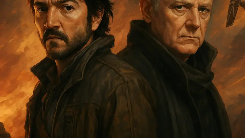 Кассиан Андор и Лутен Раэль из сериала «Звёздные войны: Андор» на драматическом фоне.