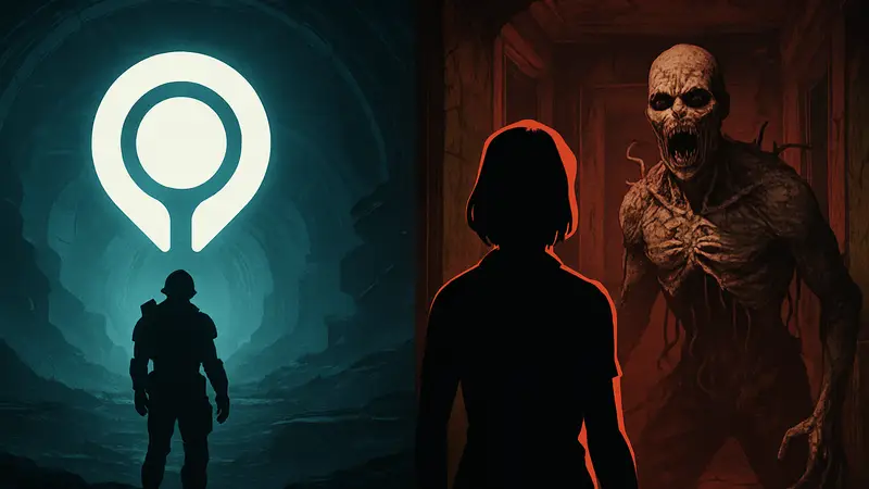 Логотип игры Marathon и постер фильма Resident Evil с элементами ужаса.