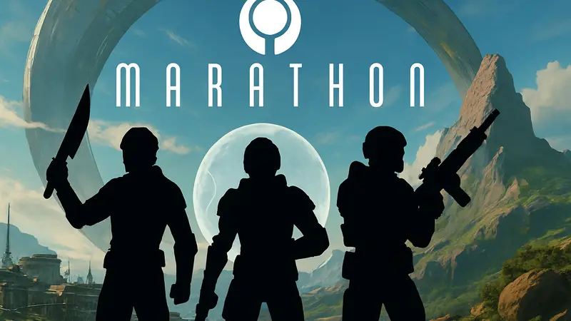 Логотип игры Marathon и персонажи, демонстрирующие элементы баланса ножа, щита и оружия в игре
