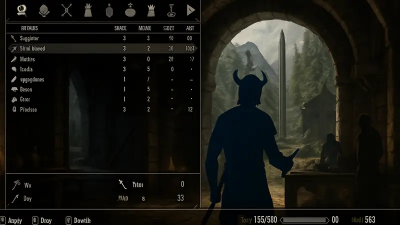 Игровой интерфейс мода SkyUI 6 в игре Skyrim с открытым инвентарем и элементами управления.