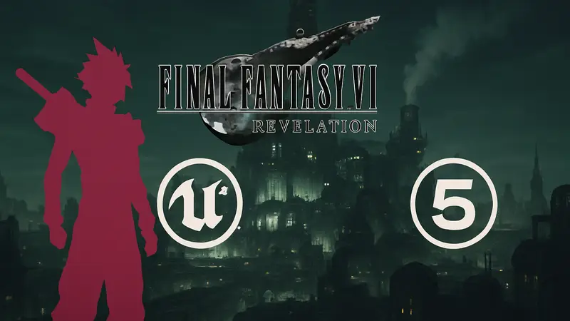 Логотип Final Fantasy VII Revelation на фоне сравнения Unreal Engine 4 и 5.