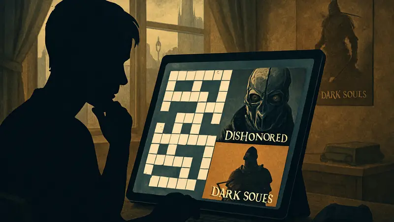 Игровой кроссворд GameRant с вопросами по играм Dishonored и Dark Souls на экране.