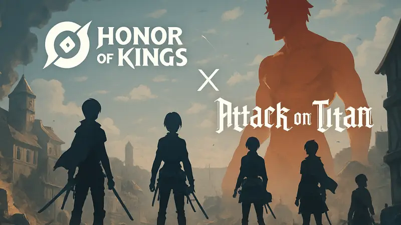 На изображении логотипы Honor of Kings и Attack on Titan, объединенные в коллаборации, с силуэтами персонажей аниме.