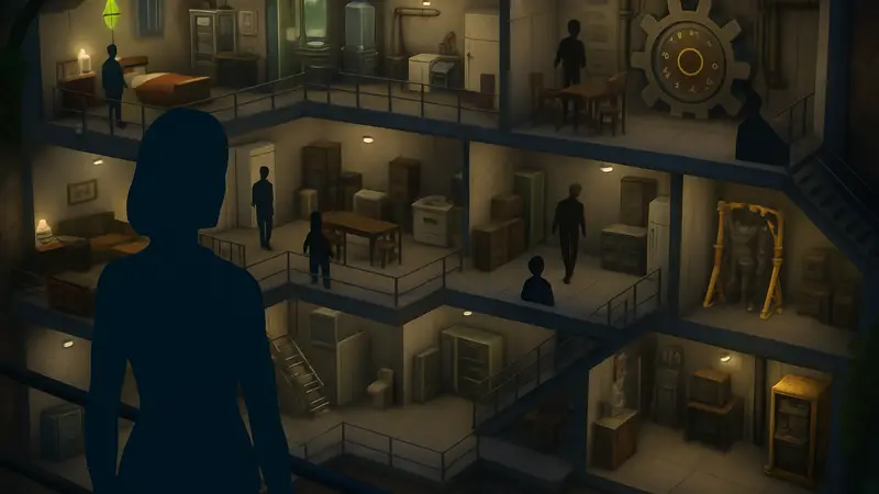 Скриншот из Sims 4, демонстрирующий впечатляющее многоуровневое Убежище Fallout