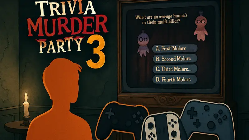 Логотип Trivia Murder Party 3, скриншот из игры с ви кториной и элементами ужасов, контроллеры различных платформ.