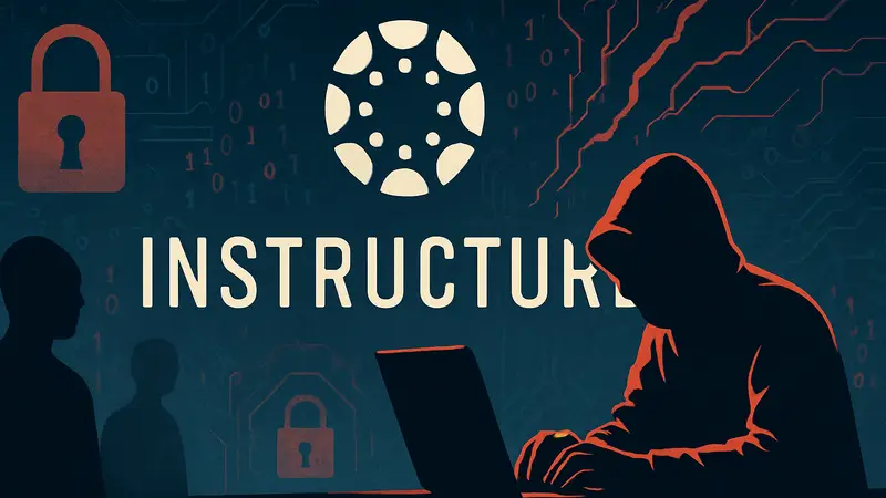 Логотип Instructure на фоне цифровых угроз, символизирующих кибератаку