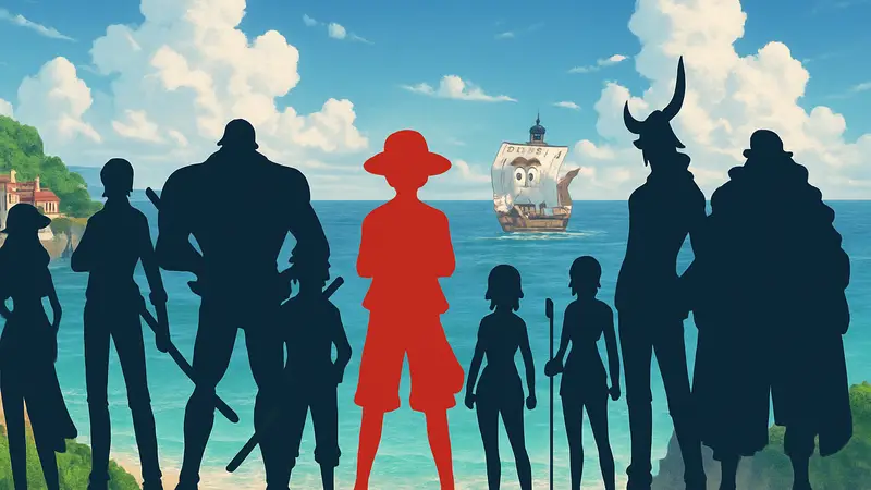 Постер аниме One Piece с главными пиратами, включая Луффи и его команду, на фоне морского пейзажа.
