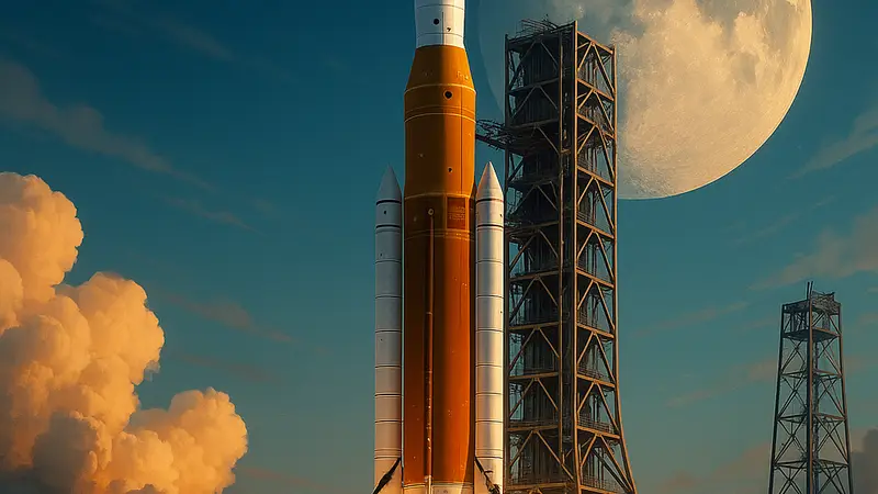 Ракета Artemis II на стартовой площадке NASA, космический запуск к Луне.