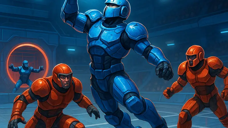 Изображение игровой сцены из Speedball на PlayStation 5, демонстрирующее футуристический спортивный матч.