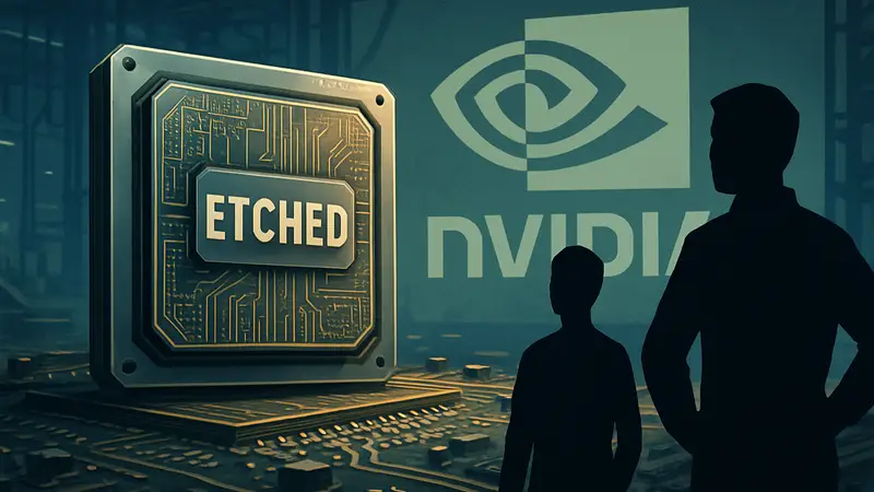 ИИ-чип Etched на фоне логотипа Nvidia, конкуренция на рынке полупроводников.