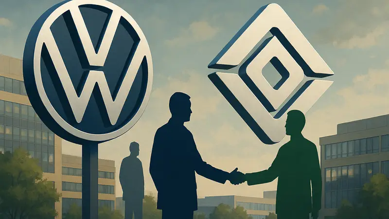 Логотипы Volkswagen и Rivian вместе, символизирующие новое партнерство и инвестиции.