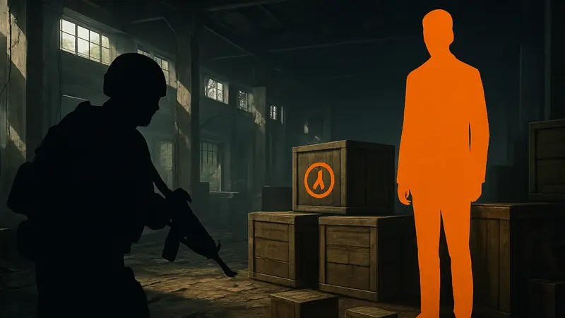 Игровой скриншот Escape From Tarkov с намёком на Half-Life 2, ящики и G-Man.