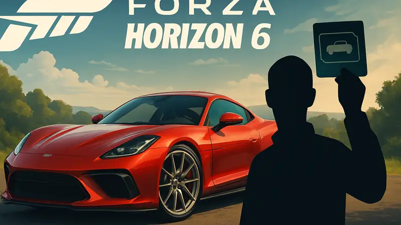 Логотип Forza Horizon 6 на фоне премиум-автомобиля, ваучер на машину
