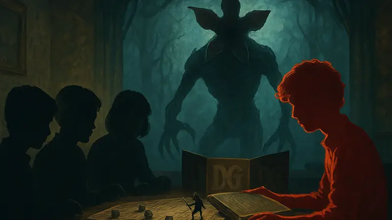 Кадр из сериала «Очень странные дела» с монстрами и элементами D&D, атмосфера мистики